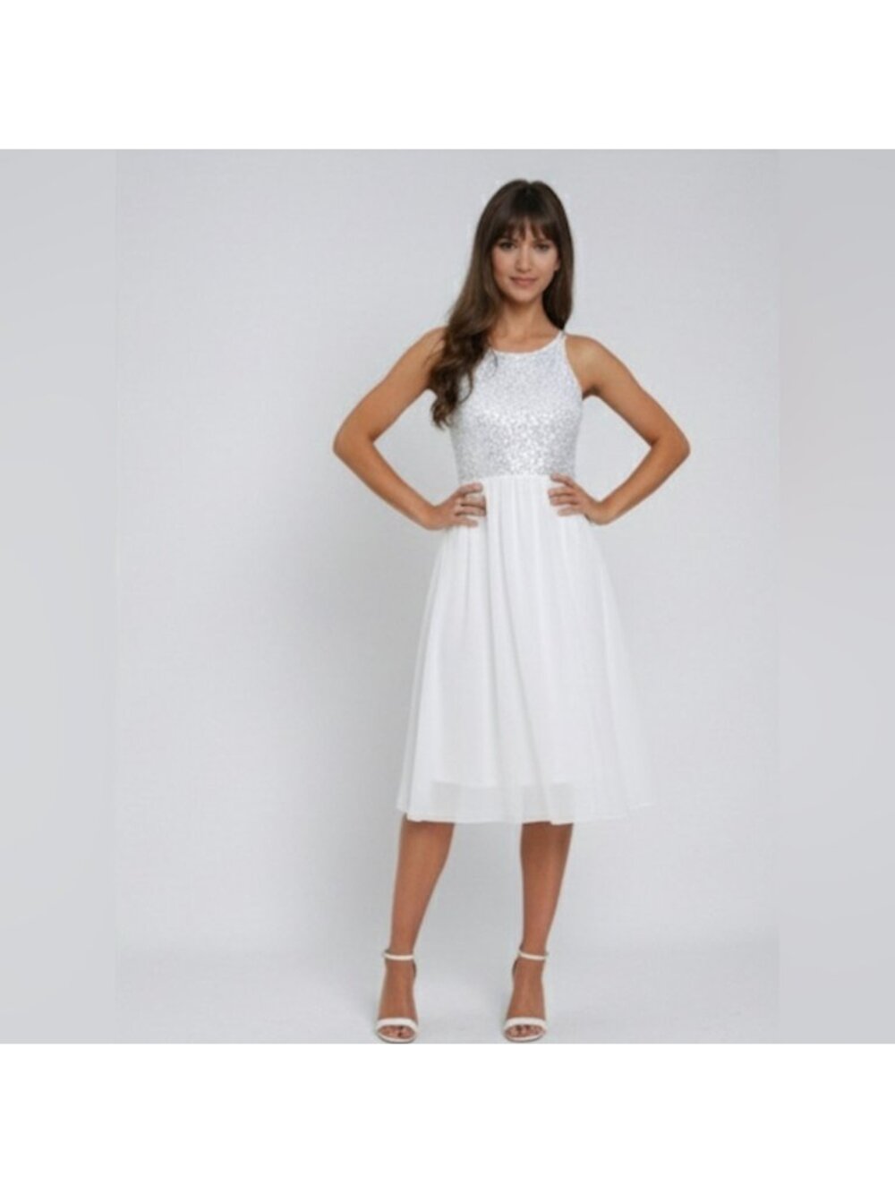 White French Contrast Sequin Chiffon Cami Dress - Picture 2 of 7